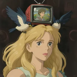 woman blond portrait tv on head, birds in hair, art by studio ghibli and greg rutkowski and artgerm and ilya kuvshinov, portrait, d & d, fantasy, highly detailed, digital painting, headshot, trending on artstation, concept art, sharp focus, illustration art by artgerm and greg rutkowski and alphonse mucha