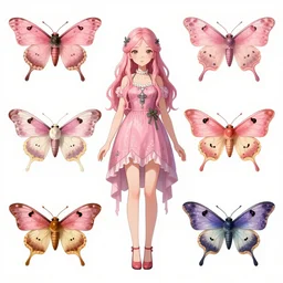 character design sheets of a rosy maple moth lady in the calarts art style, art by tim burton, art by vivienne medrano, by pixar, 2 d, colored pencils, drawing sketches, creative, unique, high quality, real life, cinematic shot