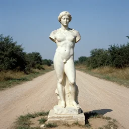 vintage photography of a ancient sculpture in the middle of a dirt road, image by werner herzog, tarkovsky