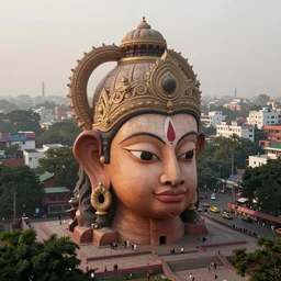 beautiful dreamscape! biomorphic new delhi, hanuman!! head building, kalighat, octane sharp cinematic, stephen shore & john j. park, soft morning light, wide shot, high angle, uhd 8 k, shallow depth of field