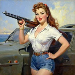 ana de armas ww 2 era pin - up oil painting in the style of gil elvgren, artstation