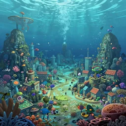 an apocalyptic underwater oasis encasing a crowded underwater seaside town covered in coral and fish in the style of a lovely indie game
