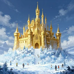 giant castle gold ornment in meadow ice and snow by gaston bussiere, anna nikonova aka newmilky, greg rutkowski, yoji shinkawa, yoshitaka amano, tsutomu niehi, moebius, donato giancola, geoffroy thoorens, concept art, trending on artstation, featured on pixiv, cinematic composition, 8 k