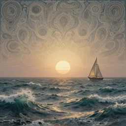 [ palate ] [ muted colors ] psychedelic ocean waves with a mysterious sun on the horizon, sailboat in rough seas, paisley skies, backlit, sunrise, refracted lighting,, paisley patterned clouds in the sky, elegant, 8 k resolution, intricate and fine details, award wining composition, photorealistic illustration, artstation, krenz cushart, alphonse mucha