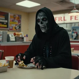 the haunted fast food restaurant, film still from the movie directed by denis villeneuve and david cronenberg with art direction by salvador dali and zdzisław beksinski, wide lens