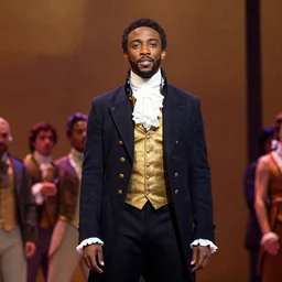 a photo of Chadwick Boseman! dressed as John Adams in Hamilton live Broadway musical,