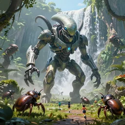 front vue on attack of giant alien beetles with few element of alien cyberpunk armor in a fantasy alien jungle forest, huge waterfall in the background, tiny humans running, giant mushrooms!, by moebius!!!!!, alphonse mucha, ayami kojima!!, amano, greg hildebrandt, and mark brooks, art nouveau, cyberpunk, neo - gothic, character concept design, colorful comics style!!!