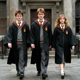 The Harry Potter trio (Harry, Ron, Hermione) power walk toward the camera, in a bank, film still from Ocean's Eleven (2001), cinematic, high quality, detailed