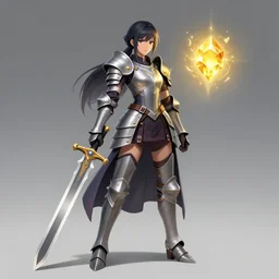 a woman in armor holding a sword and floating magic golden gem, concept art by senior character artist, polycount contest winner, vanitas, artstation hd, concept art, 2d game art