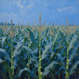 a beautiful painting of a corn field, magic realism, blue color scheme, 4 k