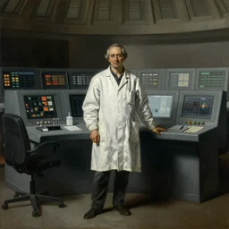 a contemporary painting of a single scientist in a white coat stands in a large control center by caravaggio