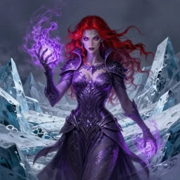 necromancer glowing with purple magic, red hair, female, glacier landscape, D&D, fantasy, intricate, elegant, highly detailed, digital painting, artstation, concept art, matte, sharp focus, illustration, art by Artgerm and Greg Rutkowski and Alphonse Mucha