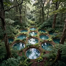 immaculate forest with a grid circular pools of water on the forest floor and trees between them, with light flitering through the trees, surrealist landscape by Salvador Dali, dynamic camera angle, deep 3 point perspective.