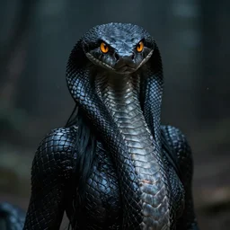 snake woman hybrid, long, black scales, bright amber eyes, scales covering her chest, cinematographic shot, by daniel f. gerhartz
