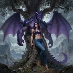 god of magic musclebound shadow demi - dragon woman wearing jeans leans against a magical tree on a mountain romance novel fantasy artwork epic detailed and itricate digital painting trending on artstation by wlop octane render