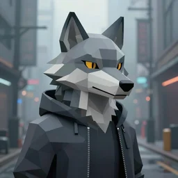 Playstation 1 PS1 low poly low poly graphics portrait of furry anthro anthropomorphic wolf head animal person fursona wearing clothes in a futuristic cyberpunk foggy city alleway Greg Rutkowski, Simon Stalenhag, christopher nolan trending on Artstation, CGSociety