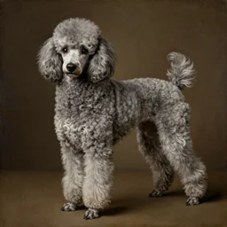 a fancy gray poodle in the style of a medieval swedish painting.
