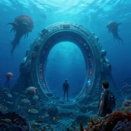 intergalactic stargate portal in the middle of a deep ocean, with strange sea creatures swimming around it and a school of fish in the foreground by rodney matthews and richard eurich