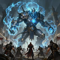 detailed fantasy illustration of a powerful wizard summoning an energy golem to fight a horde of warriors, trending on artstation, digital art ( by tomasz jedruszek ) ( by senfeng chen ) ( by lorenzo lanfranconi )