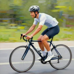A man riding a bicycle action shot, subject is smiling, acrylic painting