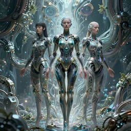 ayami kojima and karol bak and tom bagshaw symmetrical full body character portrait of the borg queen of sentient parasitic flowing ai, floating in a powerful zen state, supermodel, beautiful and ominous, wearing combination of mecha and bodysuit made of wires and fractal ceramic, machinery enveloping nature in the background, artstation scifi character digital concept render