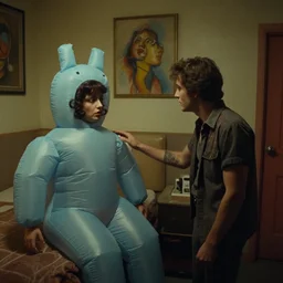 still from a 1980 arthouse film about a depressed housewife dressed as a squishy inflatable toy who meets a handsome younger man in a seedy motel room, color film, 16mm soft light, art on the wall