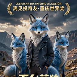 realistic movie poster, featuring in anthropomorphic blue male foxes dressed cool, promotional movie poster print