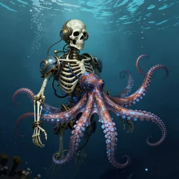 underwater photography of a steampunk human skeleton in symbiosis with octopus organic technology, bioluminescence, bloom, by victor grasso and scott musgrove, digital illustration