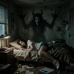 beautifully ominous creepy sleep paralysis demon haunting inside 1 9 8 0's teeanger cluttered bedroom. weirdcore, liminal, backrooms aesthetic