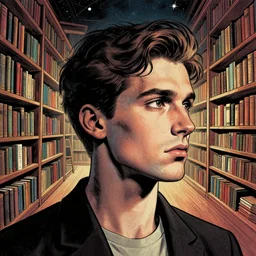 consciousness portrait in space, matte painting, dynamic comic book art, dream space expansion into the living library