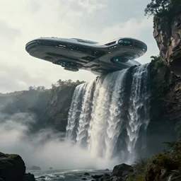 a scifi spacecraft on top of a waterfall, zaha hadid design, beautiful landscape, environment, low angle view, hyper realism, concept art, low angle, high detail, volumetric, dramatic lighting, long shadows, ominous, misty, beautiful, by maxime bibi, breathtaking scene, cinematic, 8 k