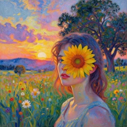 girl with flower face, in a field with flowers, hills, big trees, sunrise dramatic light, impressionist painting, colorful clouds, digital painting, pointillism, artstation, simon stalenhag, flower head