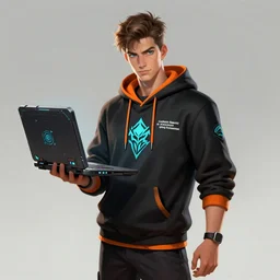 a triple a game concept art of a young tall handsome hacker in a black - orange hoodie holding a portable futuristic computer, hoodie with a cyan hacker group emblem, art by cushart krentz and greg rutkowski, elegant, front view, male person concept art, sharp focus, morandi color scheme, fantasy style, illustration, high quality, digital art, hyperrealism, octane render, commission art
