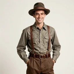 confident, smiling 1 9 3 0 s man in full figure with his hands in his pockets. dark hair, hat, shirt. steampunk, fashion. detailed art