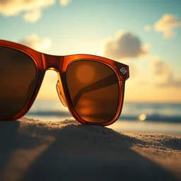 a closeup photorealistic photograph of sunglass on a beach akth a beatiful sunset, fantastic four theme. bright scene. fine detail. this 4 k hd image is trending on artstation, featured on behance, well - rendered, extra crisp, features intricate detail, epic composition and the style of unreal engine.
