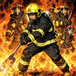 heroic firefighter in action in black and yellow uniform, fire flames, sharp details, sharp focus, elegant, highly detailed, illustration, by jordan grimmer and greg rutkowski and pine ( ハイネ ) and 薯 子 imoko and 香 川 悠 作 and wlop and maya takamura, intricate