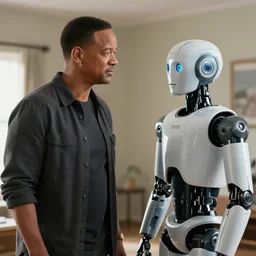 sad will smith and a humanoid robot are standing in the room, looking at each other, realistic light, soft light, focus, depth of field, photorealism, 8 k quality, full quality