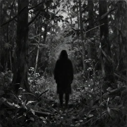 a Stephen Gammell style black and white oil painting of a shadowy figure standing in a clearing in the middle of a dark forest
