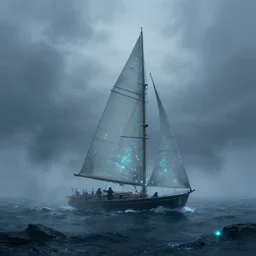 sailing into the unexplored mist, cinematic fantasy illustration, magical, bioluminescence, detailed