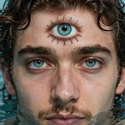 greek god, three eyed, hairy, third eye in middle of forehead, wide shot, dry, in water, colors, eye in forehead, pins, very detailed, wet eyes reflecting into eyes reflecting into  infinity, beautiful lighting