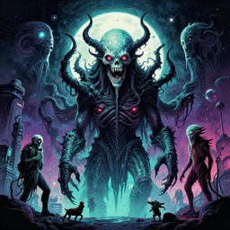 creatures from beyond time and space surrounded by cosmic horror, lovecraftian monster, big tech corporate art style, memphis design