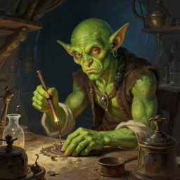 portrait of green - skinned goblin alchemist working in his fantasy medieval workshop, nighttime lighting, illustration concept trending pixiv fanbox by wlop and greg rutkowski and caravaggio and rosa bonheur, and william harnett, hyperrealism art