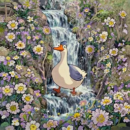 a wholesome cottagecore illustration of a happy cartoon goose on a waterfall, studio Ghibli, Pixar and Disney animation, sharp, Rendered in Redshift and Unreal Engine 5 by Greg Rutkowski, Bloom, dramatic lighting, sunrise