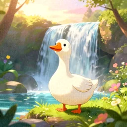 a wholesome cottagecore illustration of a happy cartoon goose on a waterfall, studio Ghibli, Pixar and Disney animation, sharp, Rendered in Redshift and Unreal Engine 5 by Greg Rutkowski, Bloom, dramatic lighting, sunrise