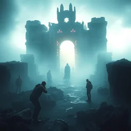 a place where lost souls gather, melancholic, dramatic, emotional, cinematic, masterpiece by ruan jia, beksinski, caravaggio, android jones