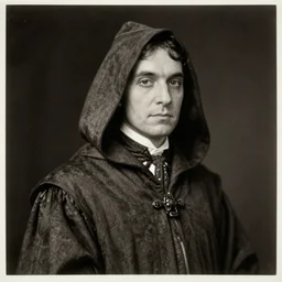 A historical photograph of a wizard, wearing a robe and hood, film grain, 1920s, dark background
