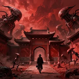an atronut walking in the wudang school, red tint, apocalyptic, full of alien creatures, by caspar david friedrich
