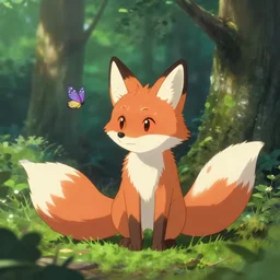 little fox play with butterflies in forest, makoto shinkai, ultra hd, ray tracing, smooth, dream