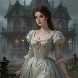 a beautiful brown - haired young woman with an sexy old dress of the 1 9 th century in horror house, intricate, elegant, highly detailed, digital painting, artstation, concept art, smooth, sharp focus, illustration, ethereal, misty, by ilya kuvshinov and jeremy mann, 8 k, octane render