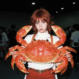 cosplayer dressed like a crab, in 1 9 8 5, at an anime convention, royalcore, low - light photograph, photography by tyler mitchell